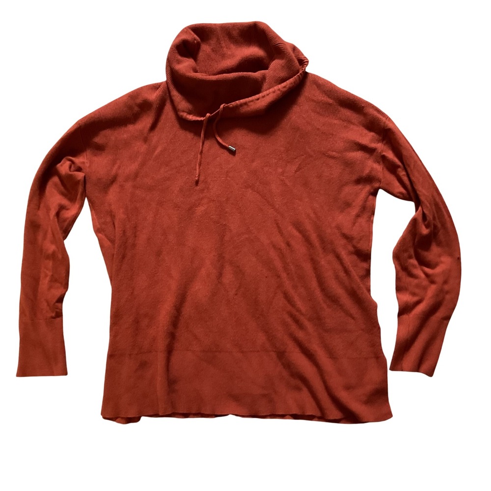 Jones New York Signature Rust Orange Waffle Knit Cowl Neck Drawstring Sweater M‎